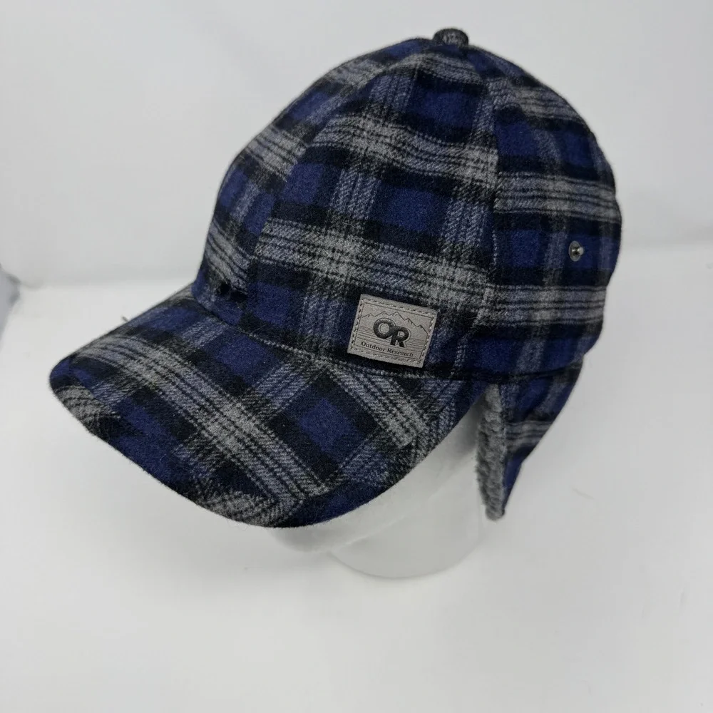 Outdoor Research Yukon Cap Blue Plaid Wool Blend Ear Flap Hat L/XL